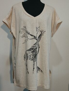 Style & Co. Cream Short-Sleeve V-Neck Tunic with Black Giraffe Graphic